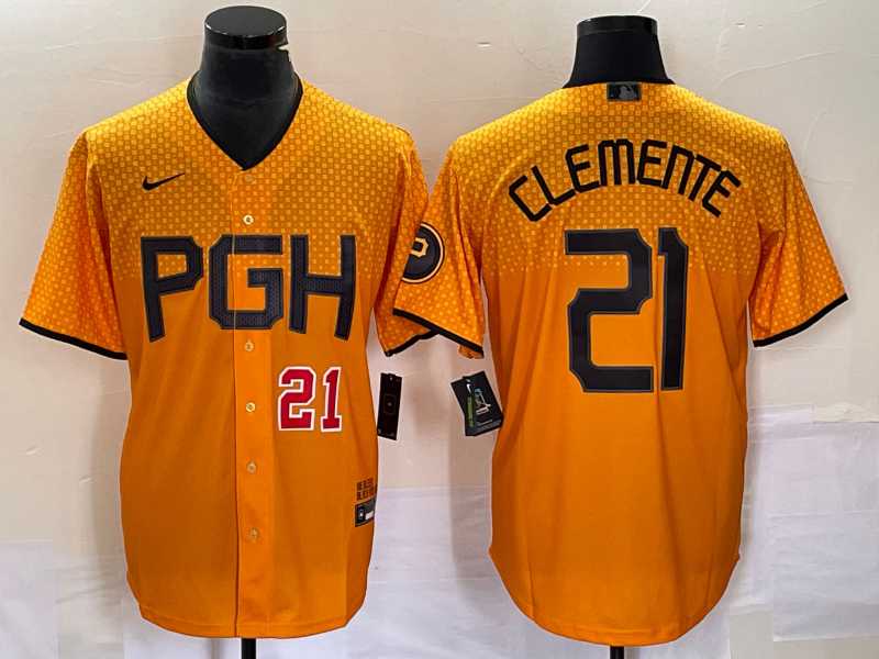 Mens Pittsburgh Pirates #21 Roberto Clemente Number Gold 2023 City Connect Stitched Jersey